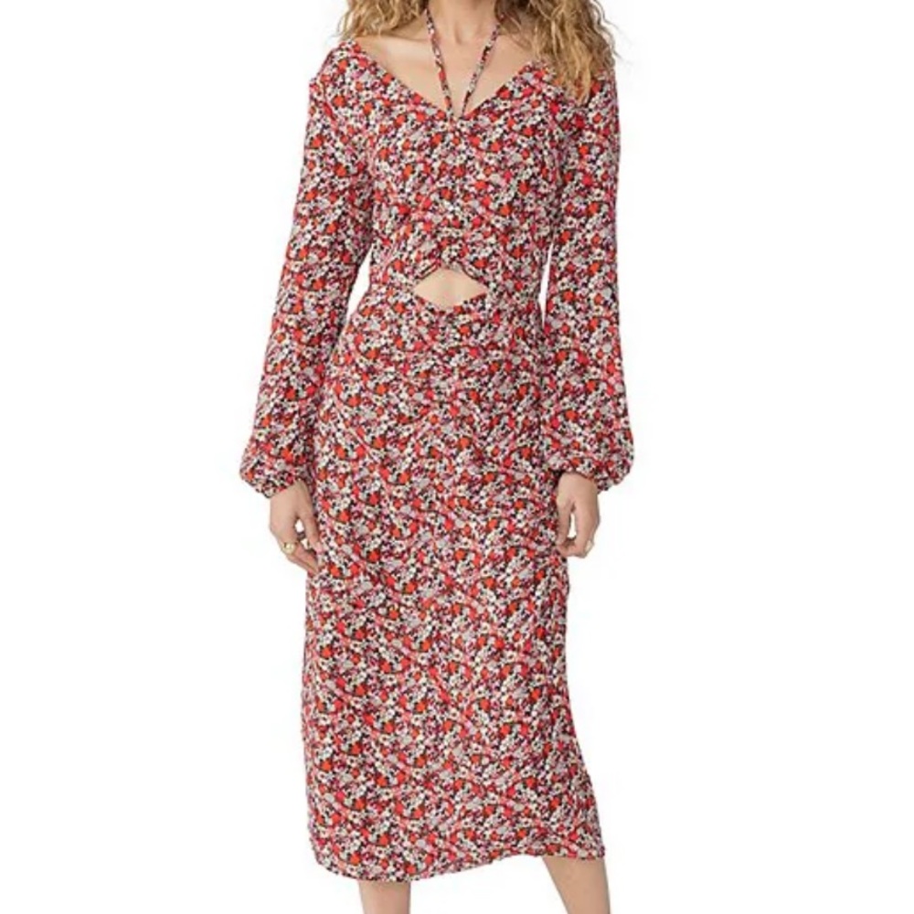 Sanctuary ditsy floral print Chiffon halter neck midi long sleeve v-neck Dress